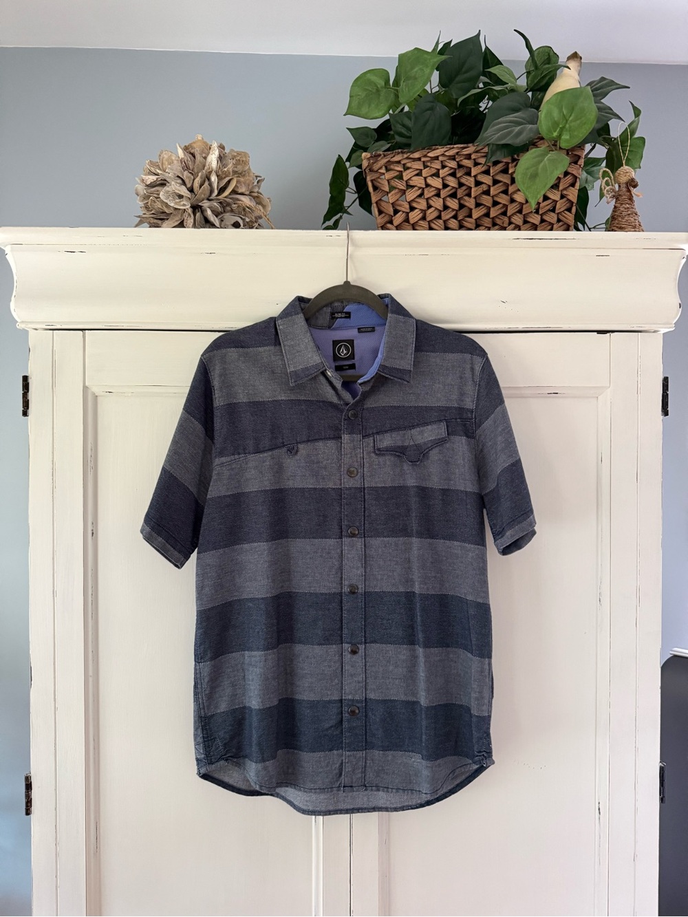 Volcom Men’s Short-Sleeve Striped Button-Up Shirt - Blue/Gray